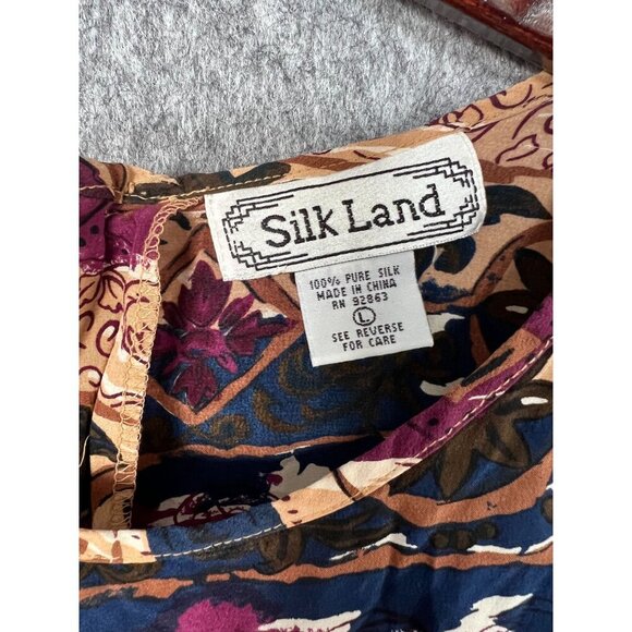 Silk Land 100% Pure Silk Multicolor Boho Long-Sleeve Womens Top Large - Picture 2 of 11